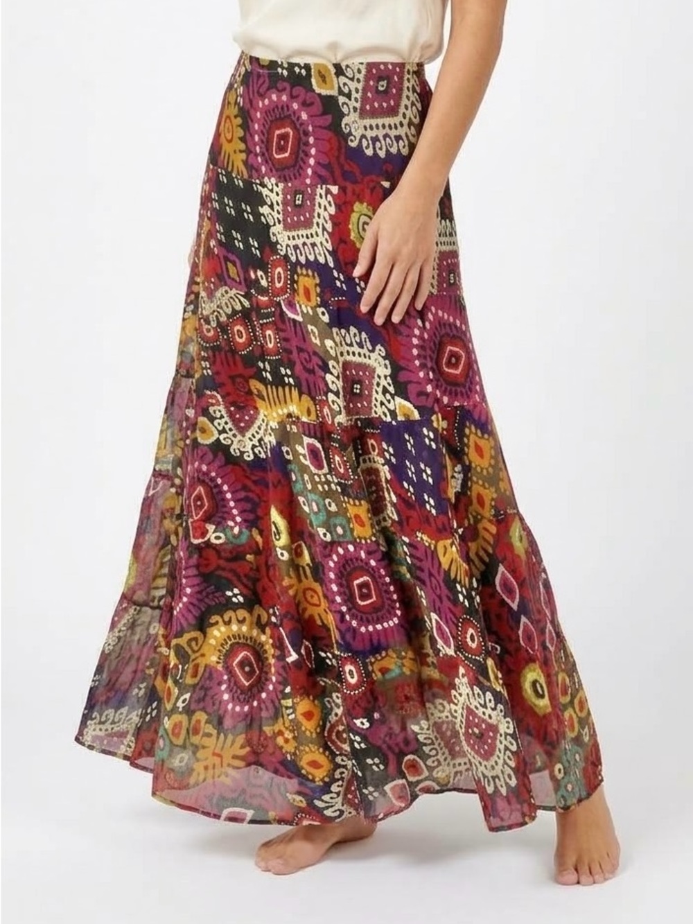 RUBY RD PETITE Multicolour Boho Flowy Maxi Skirt Raw Hem Whimsy Size 14P